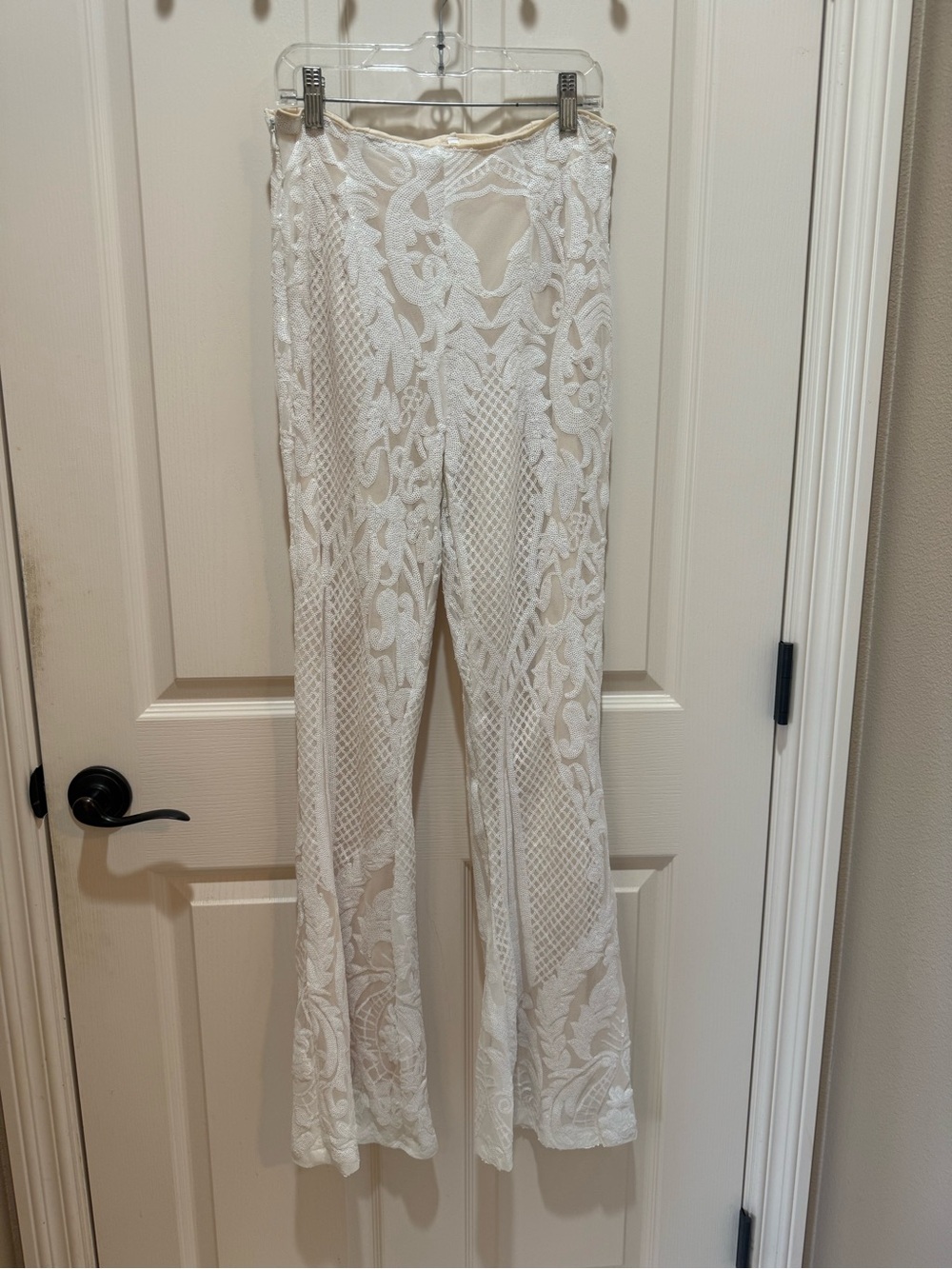 Ivory Lace Sequin Boot-Cut Pants with Sheer Floral Panels size Medium